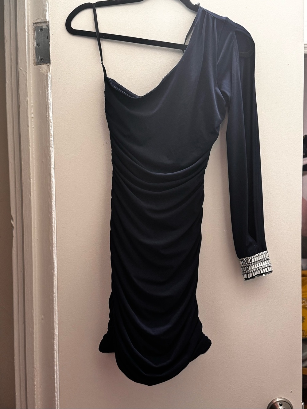 City Triangles Midnight Blue One-Shoulder Ruched Dress with Embellished Cuff